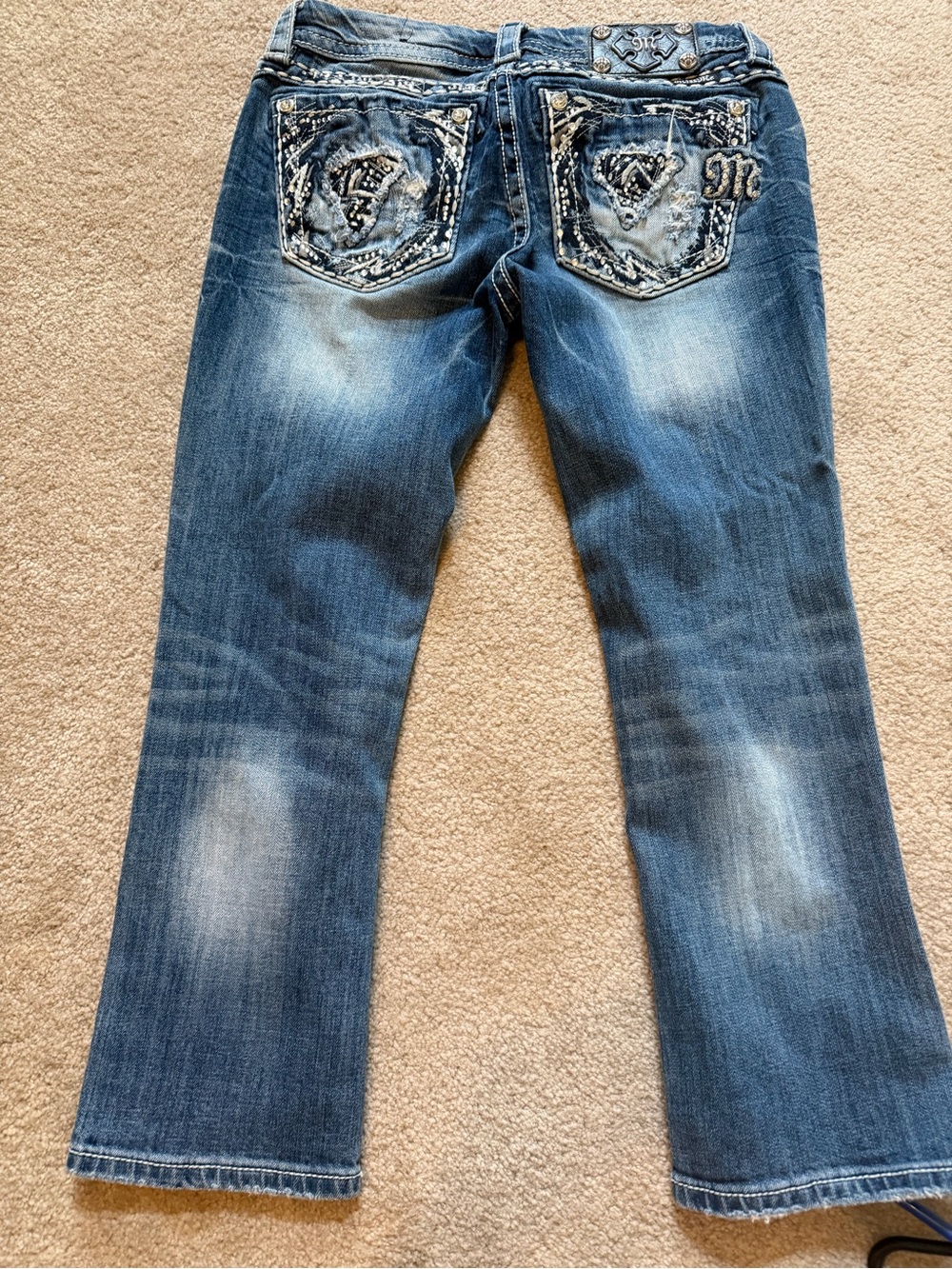 Women's Blue Distressed Embellished Pocket Jeans